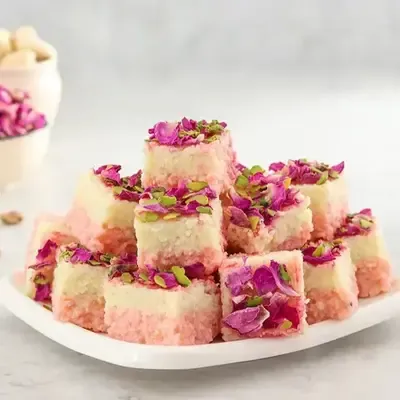 Squares of two-colour gulab pak topped with rose petals and pistachios